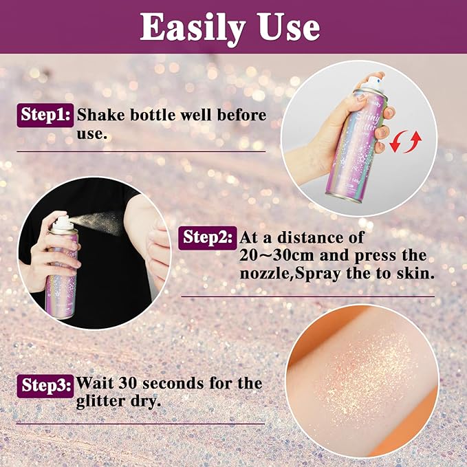 Body Glitter Spray for Hair and Body (2x5.14 Fl Oz), Shiny Glitter Spray for Clothes, Long-Lasting and Quick-Drying Holographic Glitter Hairspray for Kids Women, Stage, Festival Rave and Makeup Prom
