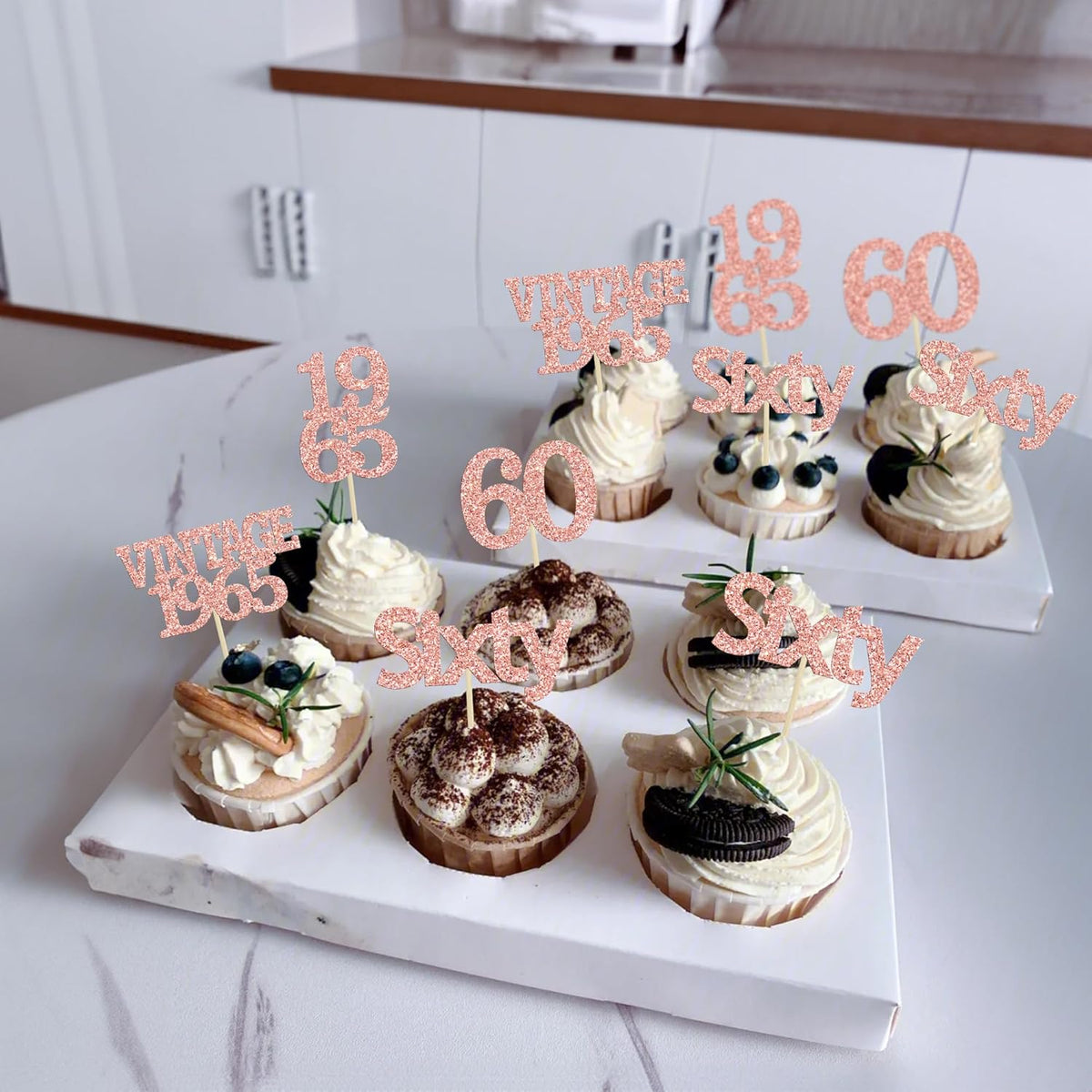 Gyufise 24Pcs 60th Birthday Cupcake Toppers Cheers to 60 Fabulous Sixty Cupcake Picks Vintage 1965 Decorations for 60th Birthday Wedding Anniversary Party Cake Decorations Supplies Rose Gold