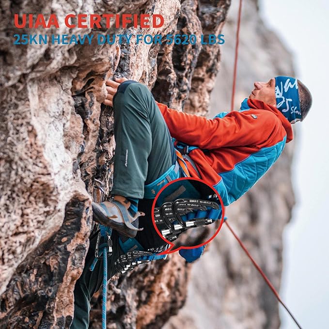 BEIFENG 25KN Auto Locking Carabiner - UIAA Certified Heavy Duty Climbing Carabiners for Rock Climbing, Camping, Rappelling, Hunting, Rescue Equipment - Professional Carabiner Clips (Black)