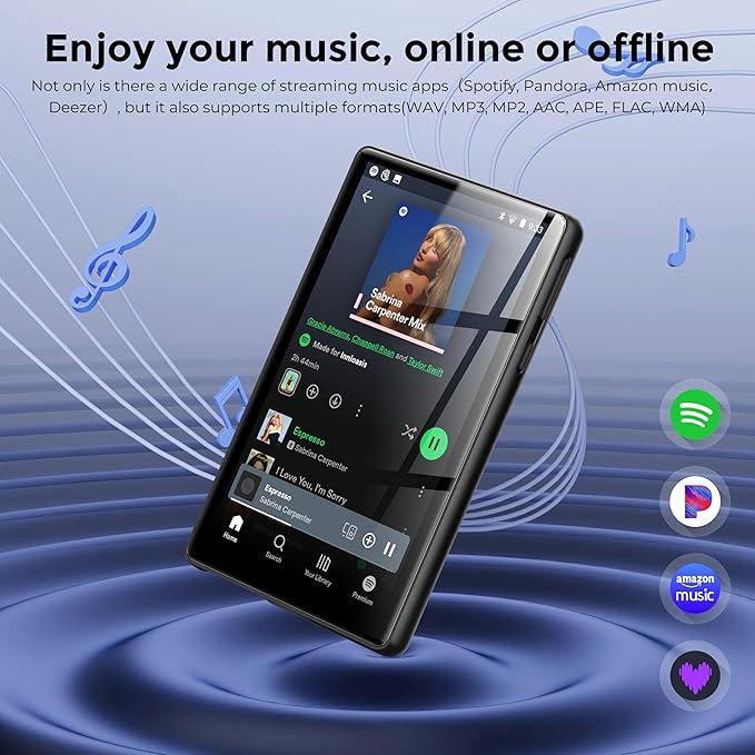 128GB MP3 Player with Bluetooth and WiFi,Music Video Player with Spotify Pandora,Amazon Music, 5" Touch Screen Android MP4 MP3 Player for Kids with Audible, YouTube, Spotify Kids,up to 256GB(Black)