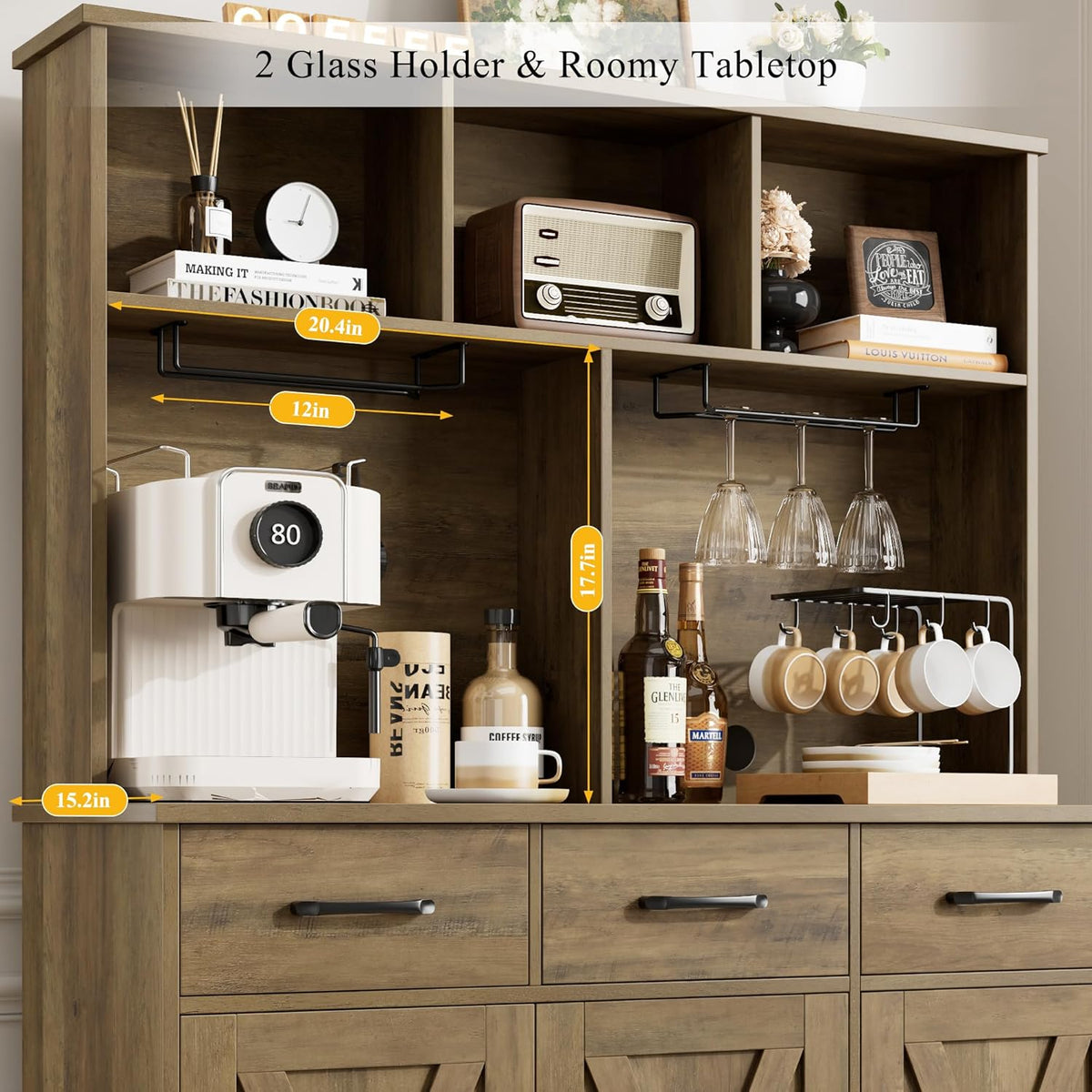 HOSTACK Buffet Cabinet with Hutch, Modern Farmhouse Kitchen Buffet Sideboard Storage Cabinet with 3 Drawers, Barn Door Coffee Bar Station for Dining Room, Living Room, Rustic Brown