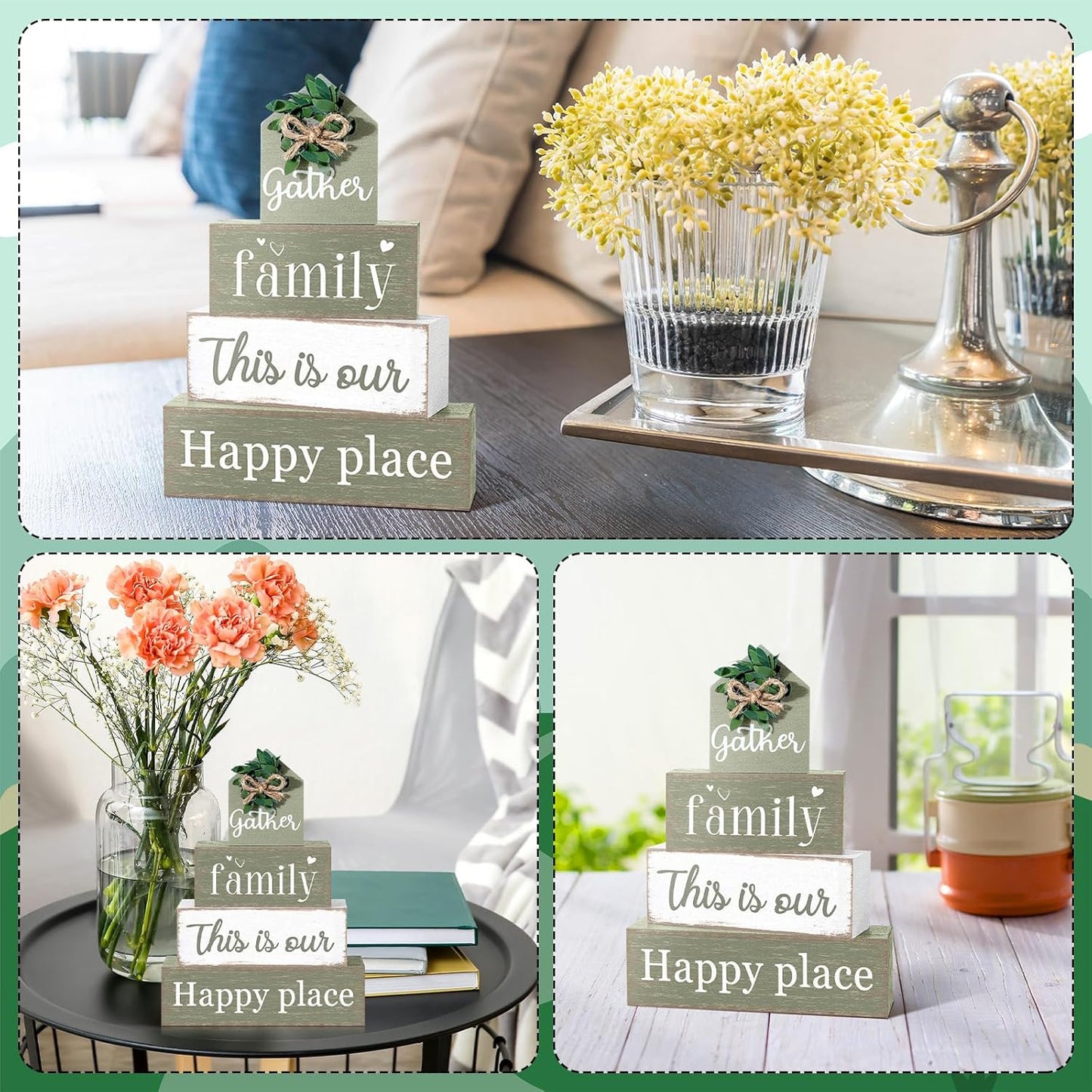 Farmhouse Table Decor Eucalyptus Leaves Wooden Block Sign Gift Gather Family This Is Our Happy Place Tabletop Centerpieces Rustic Decorations for Home Kitchen Shelf Desk Tiered Tray Decor