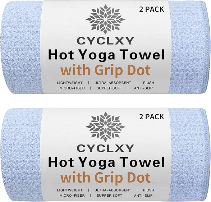 2 Pack Hot Yoga Towel with Grip Dot,Stickyfiber Yoga Mat Towels Non Slip for Hot Yoga,Absorbent Microfiber Sweat Anti-Slip Cover,Bikram,Pilates,Exercise,Fitness
