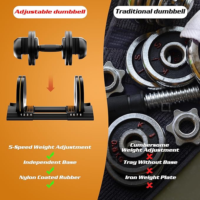 Adjustable Dumbbell,22LBS 44LBS 52LBS Dumbbell Set with Tray for Fitness, Fast Adjust Weight by Turning Anti-Slip Handle, Safety with 8 Lock Slots, Suitable for Men and Women