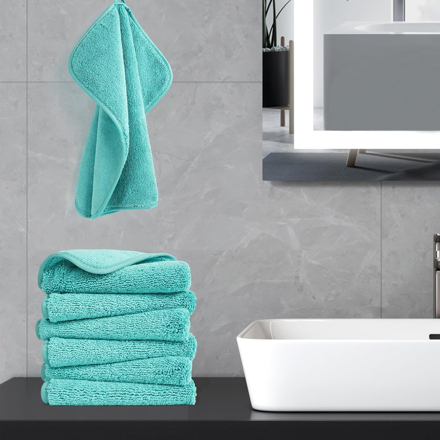POLYTE Premium Lint Free Microfiber Washcloth Face Towel, 13 x 13 in, Set of 6 (Aqua)