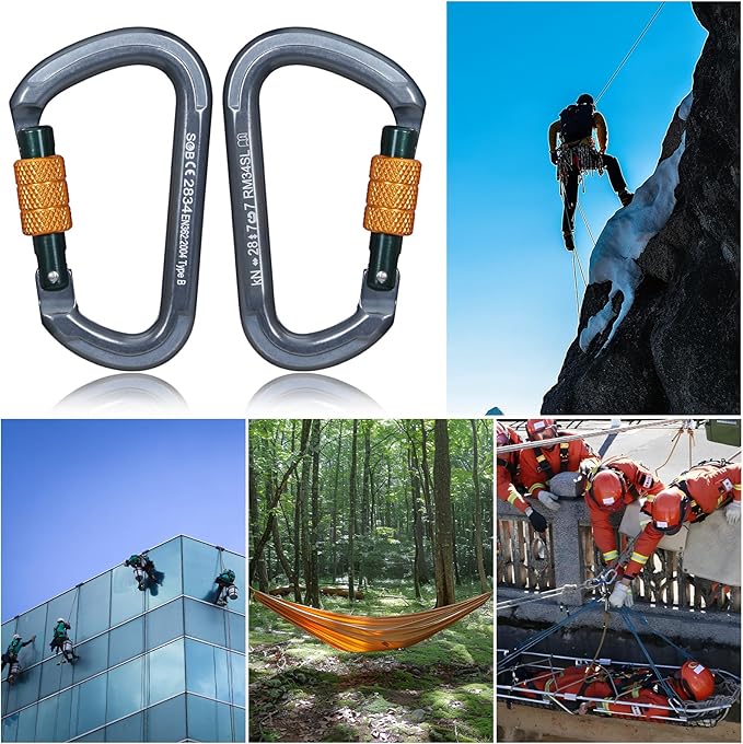 Auto Locking Rock Climbing Carabiner Clips, Heavy Duty Asymmetrical Carabiner Connector Used for Rappelling Rescue Outdoor Climbing, Mountaineer, Hammock, Camping