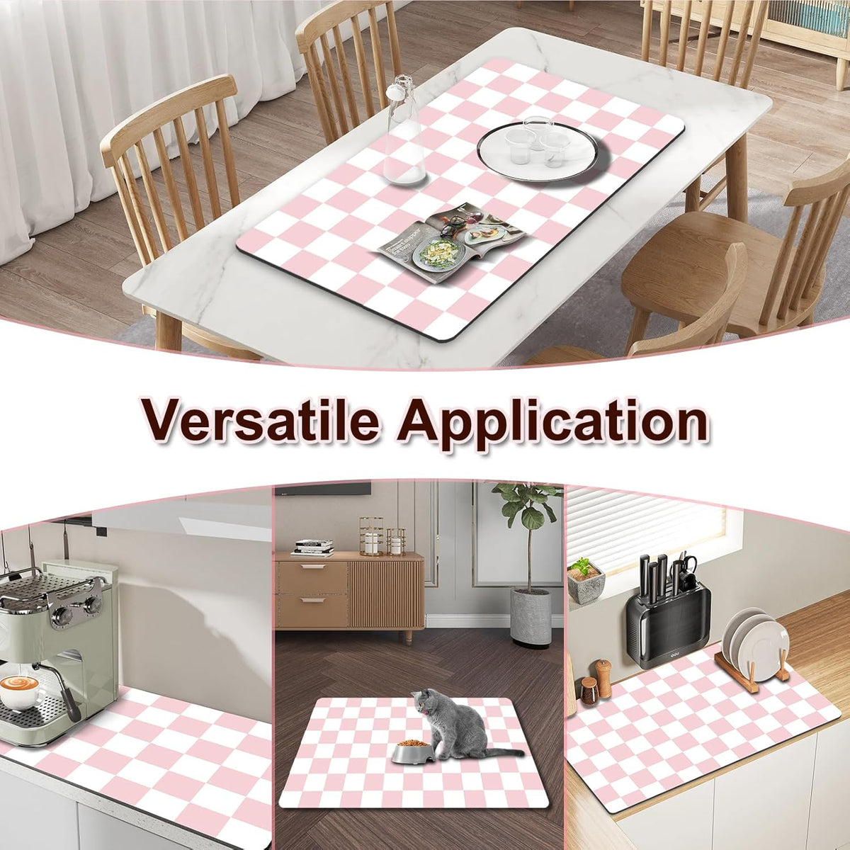 Dish Drying Mat for Kitchen, 15.7’’ X 17.7’’ Coffee Bar Mats for Countertop Fit Under Coffee Maker, Checkered Drying Mat, Hide Stain Rubber Backed Espresso Machine Absorbent Drying Pad, Pink & White