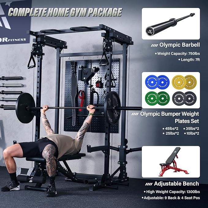 MAJOR FITNESS Drone3 Power Rack, Multi-Function Home Gym Squat Rack with Pull-Up Bar, Cable Crossover & J-Hooks, Heavy-Duty Steel Frame for Maximum Stability & Strength Training