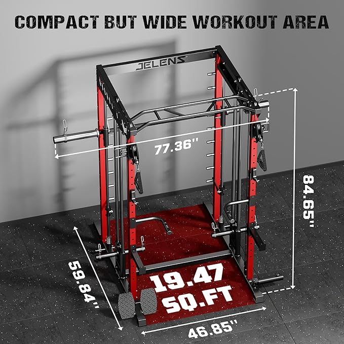 M21 Smith Machine, Multi-Function Power Cage with Dual Pulley Cable Crossover System, 2000LBS All-in-One Squat Rack with Smith Bar and Attachments