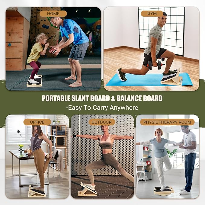 2-in-1 Wooden Slant Board & Balance Board, Portable 6 Angle Adjustable Calf Stretch Board with Training Poster, 300lb Weight Capacity Calf Ankle Stretcher for Physical Therapy, Squat & Core Strength