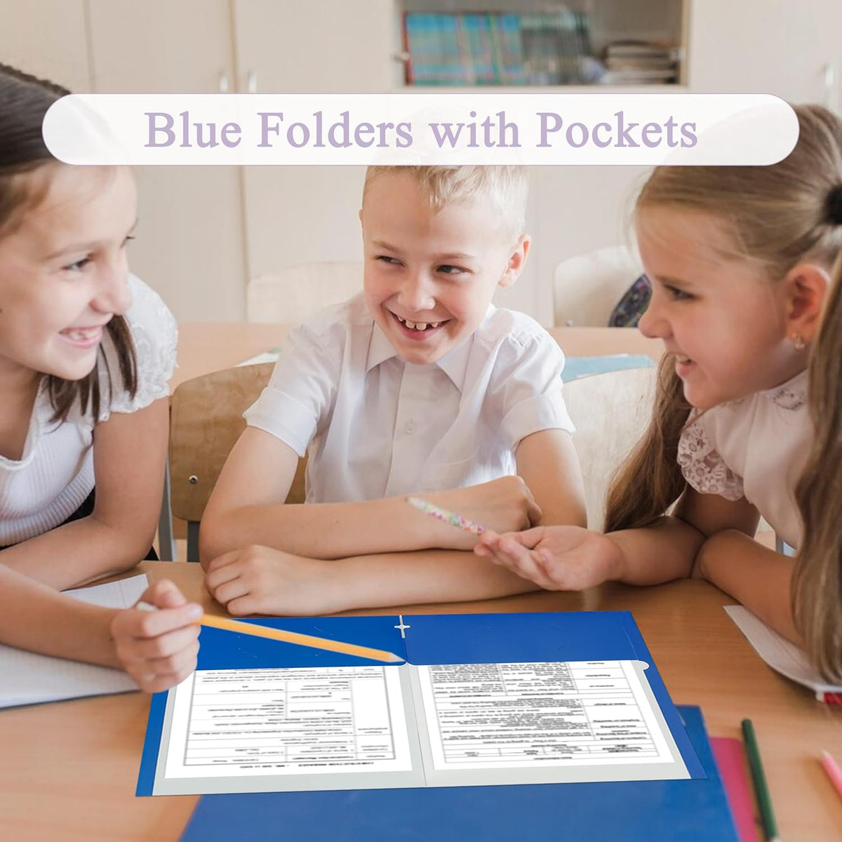 Zzrywuty File Folders with Pockets Letter Size, 100-Pack Paper Folders with Card Slot, Two Pocket Folders for School Students, Businessmen, Home and Office Workers(Blue)
