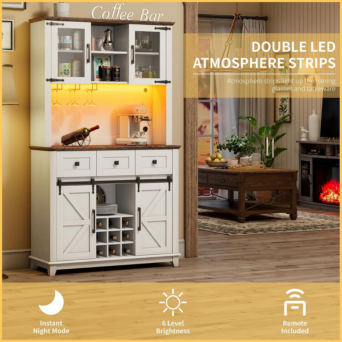 72" Coffee Bar Wine Cabinet with Sliding Barn Door & LED Lights, Sideboard Buffet Cabinet with Wine Bottle Rack, 3 Drawers, Storage Cabinet for Kitchen, Dining Room, White