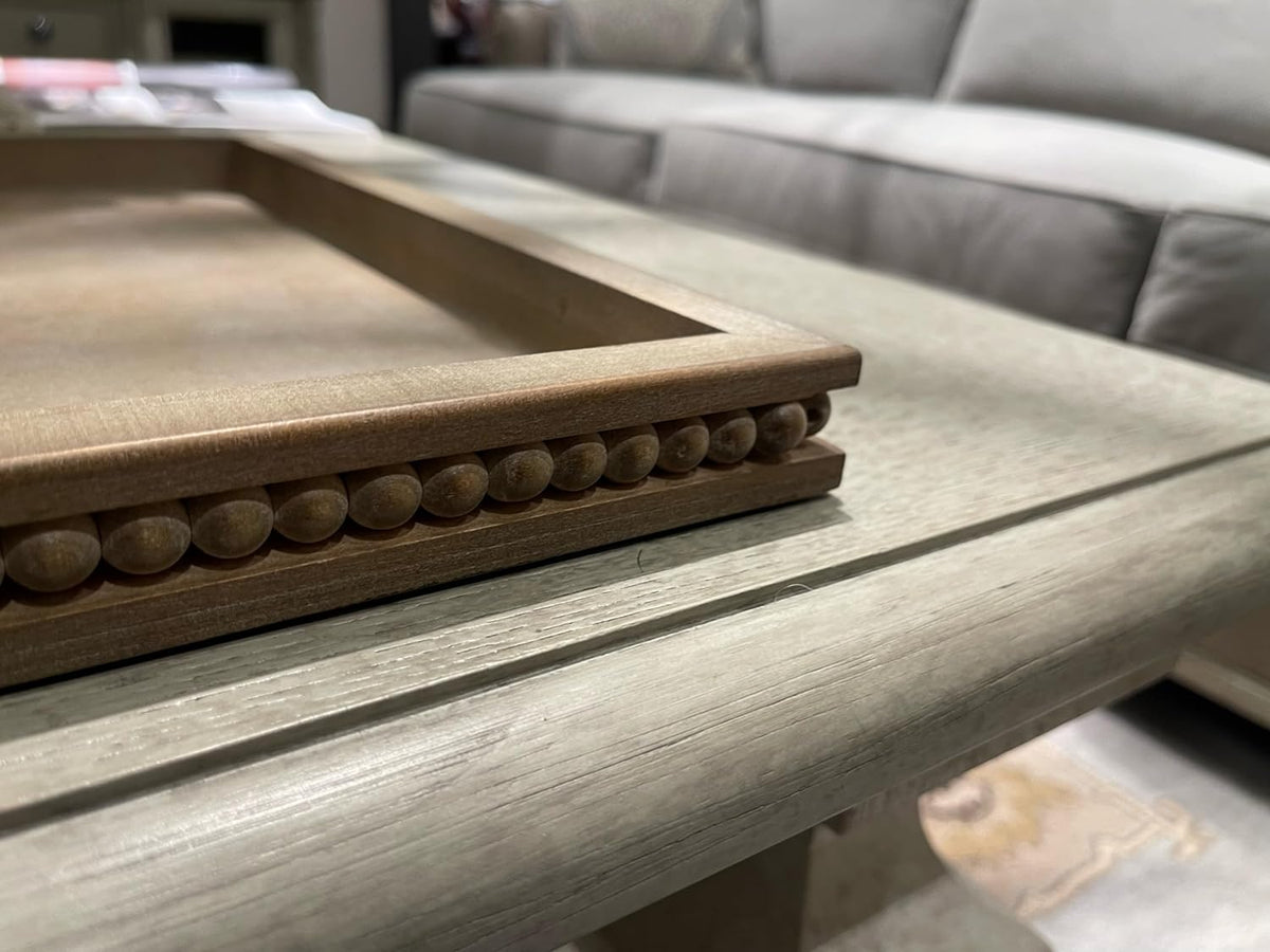 Wood Decorative Tray-Vitage Brown Washed Bead Tray for Coffee Table Wooden Serving Trays Ottoman Tray for Living Room Candle Holder Home Organizer Farmhouse Home Decor (Rectangular)