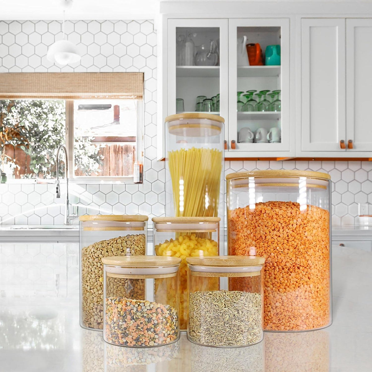 Urban Green Glass Jar with Bamboo Lids (2 sets 100oz) with Metal Scoop, Food Storage Containers with Airtight Lids, Glass Canisters sets, Flour Container Jar
