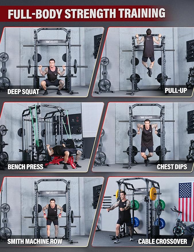 Major Fitness Smith△ Machine Drone2 Premium, All-in-One Home Gym Squat Rack with Aluminum Pulley Set , Weight Bar, Dual LAT Pull-Down Systems & Cable Crossover Machine for Full-Body Workouts