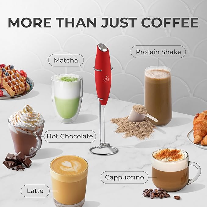Zulay Kitchen Powerful Milk Frother Wand - Ultra Fast Handheld Drink Mixer - Electric Whisk Foam Maker for Coffee, Lattes, Cappuccino, Frappe, Matcha & Coffee Creamer - Milk Boss Cardinal Red