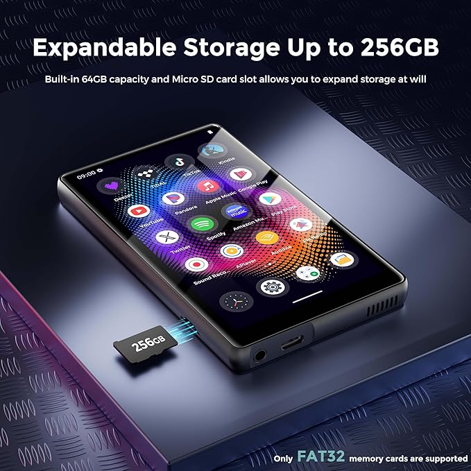 128GB MP3 Player with Bluetooth and WiFi,Music Video Player with Spotify Pandora,Amazon Music, 5" Touch Screen Android MP4 MP3 Player for Kids with Audible, YouTube, Spotify Kids,up to 256GB(Black)