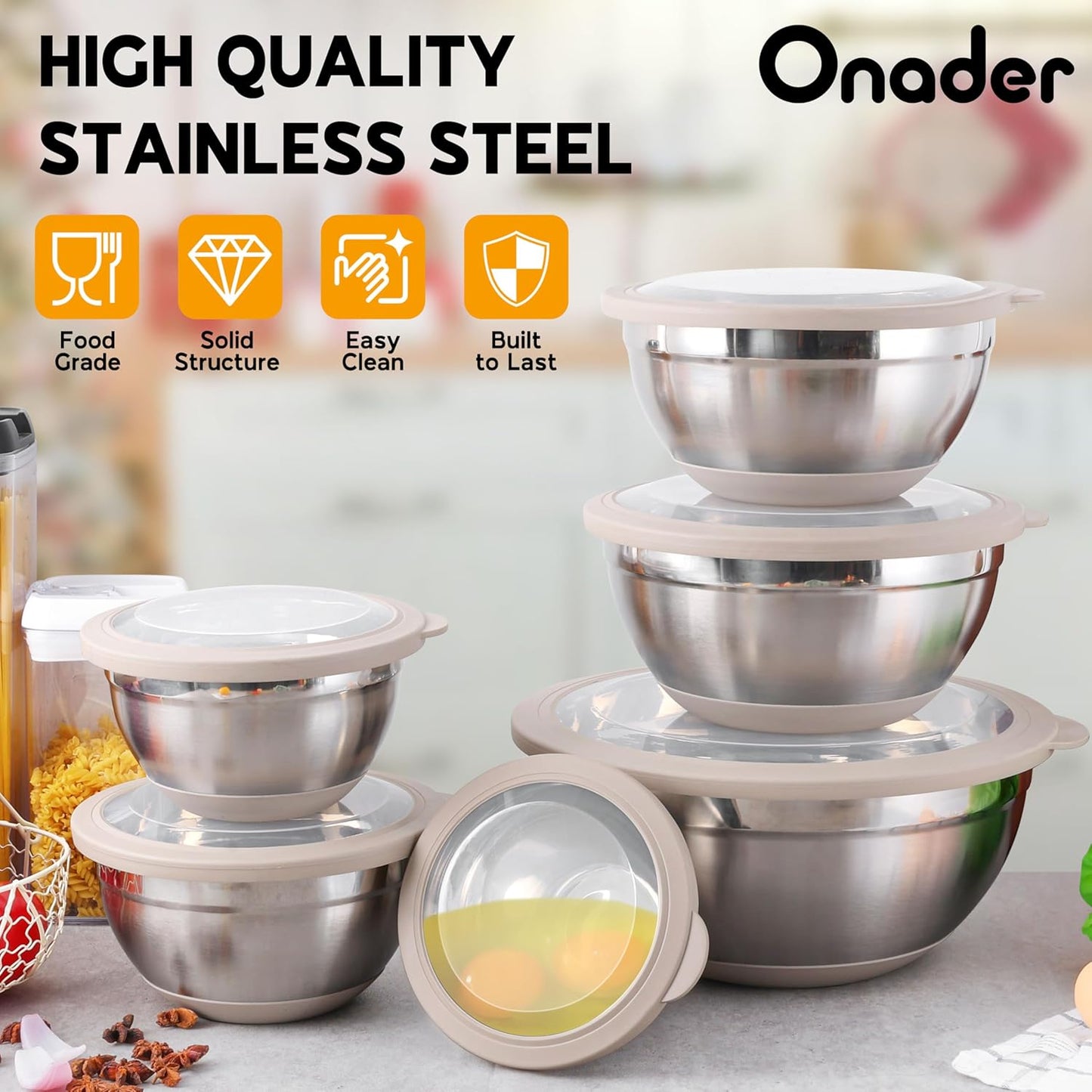 Mixing Bowls with Lids Set of 6, Large Metal Nesting Mixing Bowls, Stainless Steel Non-Slip Salad Bowl Khaki – Size 1, 1.5, 2, 2.6, 3.5, 7QT