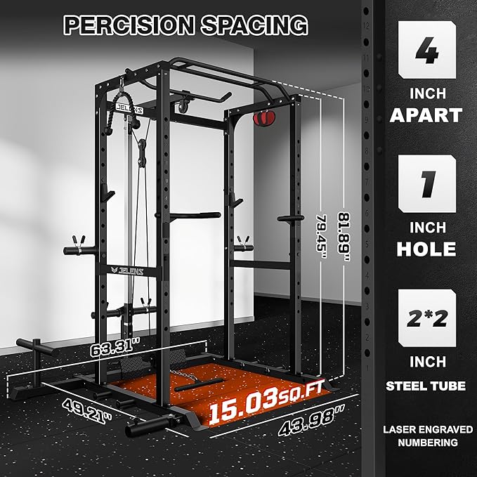S21 Power Cage, Multi-Function Power Rack with Adjustable Cable Crossover System, 2000LBS Squat Rack for Home Gym with More Training Attachments