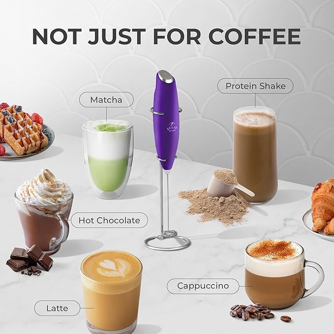 Zulay Powerful Milk Frother (4 Duracell Batteries Included) - Handheld Milk Frother Wand Drink Mixer for Coffee - Powerful Milk Foamer for Cappuccino, Frappe, Matcha & Coffee Creamer - Deep Purple