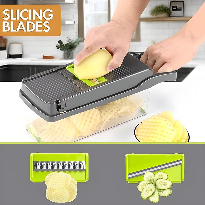 16-in-1 Vegetable Chopper & Slicer | Stainless Steel Mandoline Cutter with Onion Dicer, Grater, Spiralizer, Julienne Blades | Multifunctional & Manual Kitchen Tool I Lightweight & Easy To Use