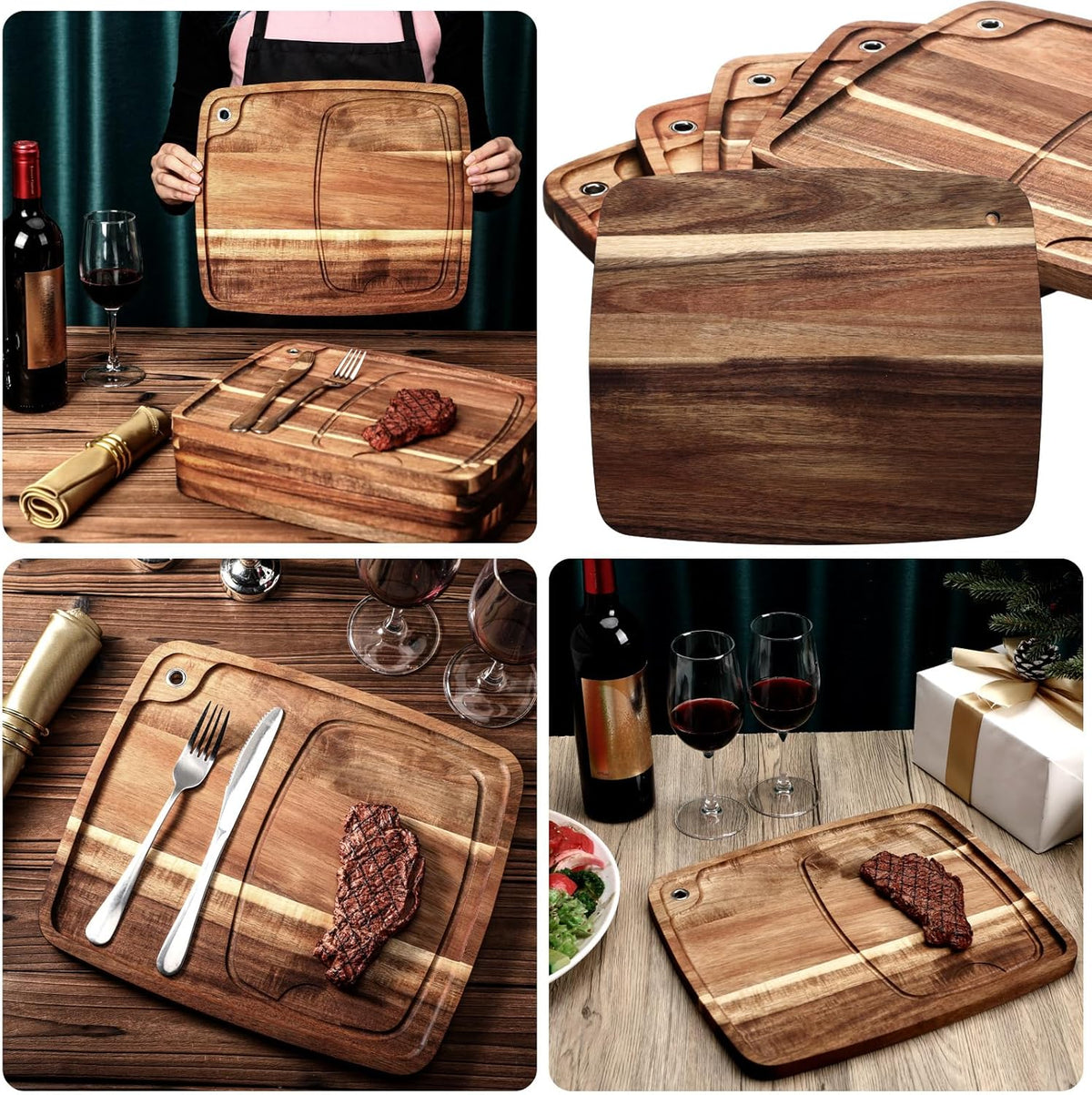 Uiifan 6 Pcs Steak Plates with Juice Channel Wooden Steak Board Set Acacia Cutting Serving Board for Home Serving Eating Meat Dishes Snack Dessert, 13 x 11 x 0.6 Inch