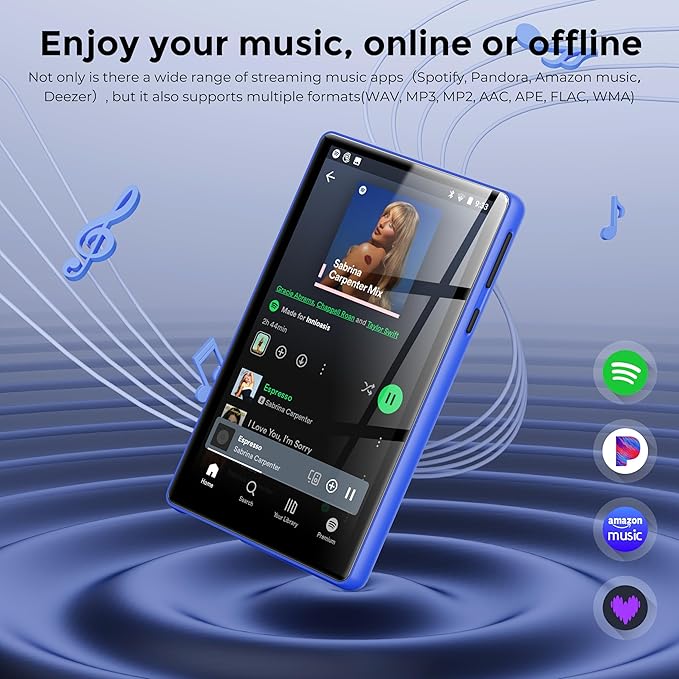 128GB MP3 Player with Bluetooth and WiFi,Music Video Player with Spotify Pandora,Amazon Music, 5" Touch Screen Android MP4 MP3 Player for Kids with Audible, YouTube, Spotify Kids,up to 256GB (Blue)