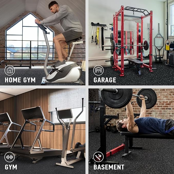 AIRHOP 0.56in Thick 48 Sq Ft Exercise Equipment Mats, 12 Tiles Upgraded Rubber Top with High Density EVA Foam, Large Interlocking Puzzle Gym Flooring for Home Gym, Heavy Weight Workout, 24 x 24in