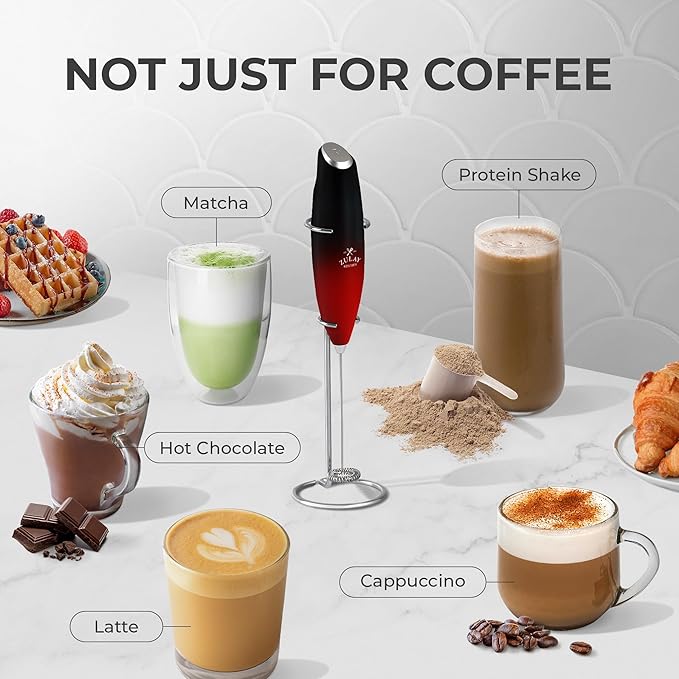 Zulay Powerful Milk Frother (4 Duracell Batteries Included) - Handheld Milk Frother Wand Drink Mixer for Coffee - Powerful Milk Foamer for Cappuccino, Frappe, Matcha & Coffee Creamer - Black/Red