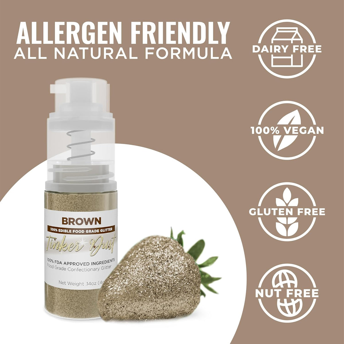 Bakell - Brown Tinker Dust (4g, 1x Mini Spray Pump) Edible Glitter for Food, Desserts, and Beverages!