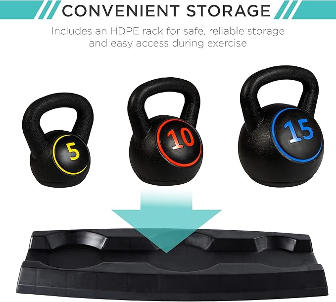 Best Choice Products 3-Piece Kettlebell Set with Storage Rack, HDPE Coated Exercise Fitness Concrete Weights for Home Gym, Strength Training, HIIT Workout 5lb, 10lb, 15lb