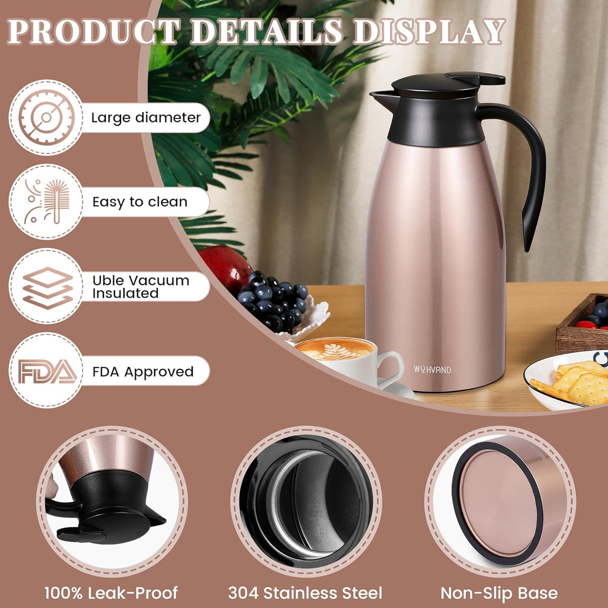 68 Oz Thermal Coffee Carafe, Stainless Steel Insulated Vacuum coffee crafts to keep coffee hot, 2 Liter Tea Water Coffee and Beverage Dispenser (Copper)