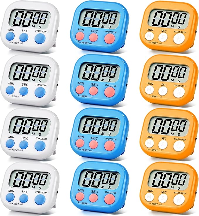 12 Pack Digital Kitchen Timer Magnetic Digital Timer with Big Display Loud Ring Cooking Timers for Kitchen Electronic Timer for Cooking, Bathing, Gym, Break Time, Classroom(12,White, Blue, Orange)