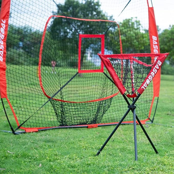 7'×7' Baseball Softball Practice Net,Baseball Backstop,with Batting Tee,Ball Caddy,for Hitting Pitching Batting Catching with Bow Frame,Bonus Strike Zone,Portable and Foldable