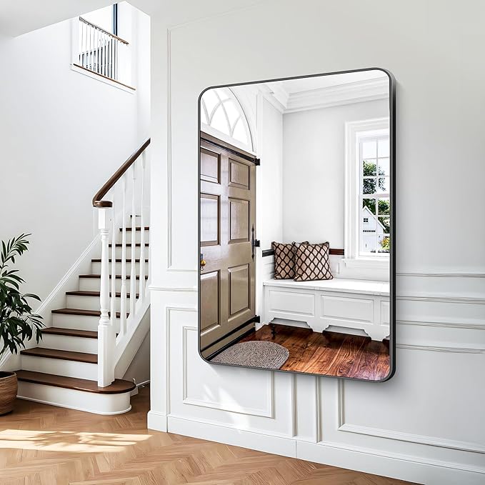 Black Bathroom Mirror,60x40 inch Wall Mirror for Bathroom Wall Mounted,Rectangle Mirror for Bathroom Over Sink,Modern Frame Round Corner for Living Room,Bedroom Entryway,Horizontal/Vertical