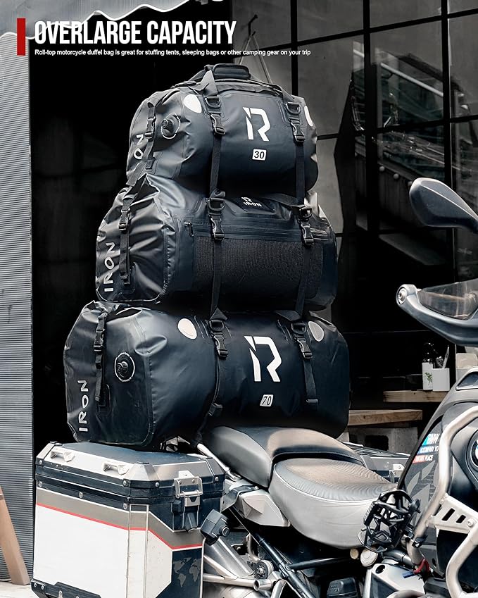 BORLENI Waterproof Motorcycle Dry Duffel Bag Luggage Tail Bag with Large Storage Space,Roll Top Closure, Shoulder Straps, Inner Pocket and Mesh Pocket for Motorcycling Travel Camping (Black,70L)