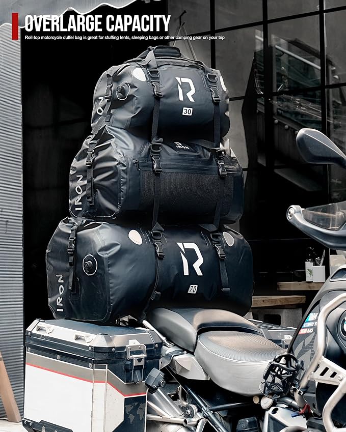 BORLENI Waterproof Motorcycle Dry Duffel Bag Luggage Tail Bag with Large Storage Space,Roll Top Closure, Shoulder Straps, Inner Pocket and Mesh Pocket for Motorcycling Travel Camping (Grey,70L)