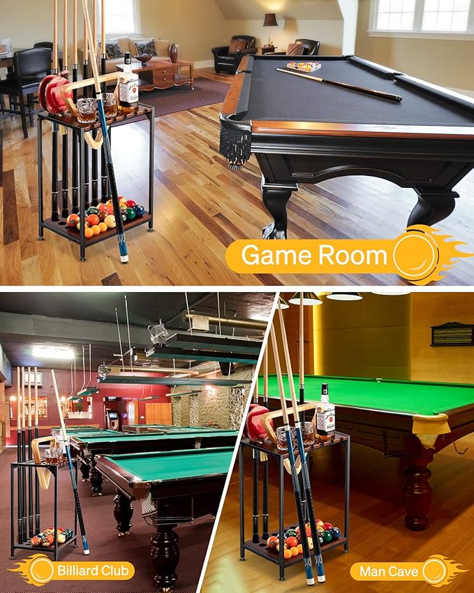 Billiards Pool Stick Holder - Pool Cue Rack Floor Stand & Ping Pong Paddle Holder Hardwood Pool Cue Holder for 12 Cues Sticks Pool Table Accessories Organizer (Brown)