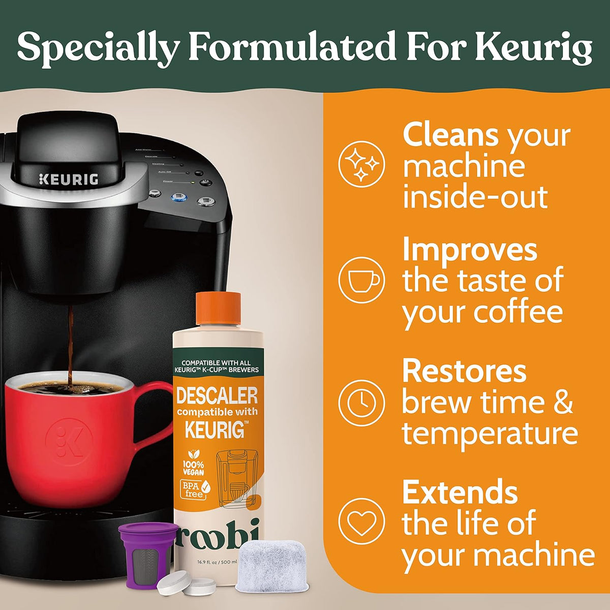 Keurig Compatible Descaling Solution & Cleaning Kit. Includes 1 Bottle of Keurig Descaler, 12 Cleaning Tablets, 1 Reusable Pod and 6 Water Filters. Carbon Neutral. 1 Year Supply.