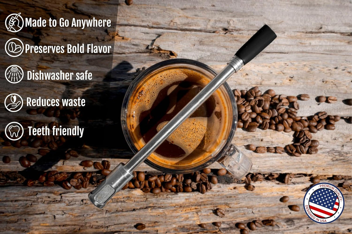 JoGo - The Original Coffee and Tea Brewing Straw - Portable Coffee Maker - Stainless Steel Single Serve Strainer - Filter Function for Hot & Cold Brew - Yerba Mate Straw for Loose Leaf Teas & Coffee