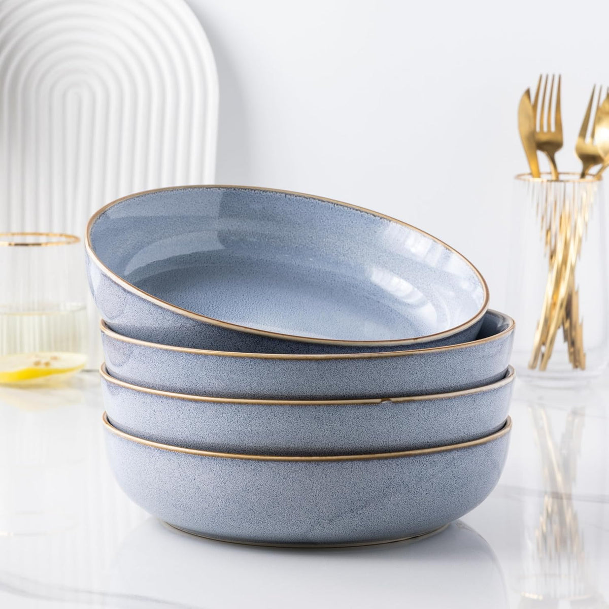 GBHOME 9'' Large Ceramic Pasta Bowls, 38oz Stoneware Pasta Serving Bowls Set of 4 for Kitchen, Wide Bowls for Fruit,Pasta,Salad,Oatmeal,Meal, Microwave Safe, Reactive Glaze-Blue