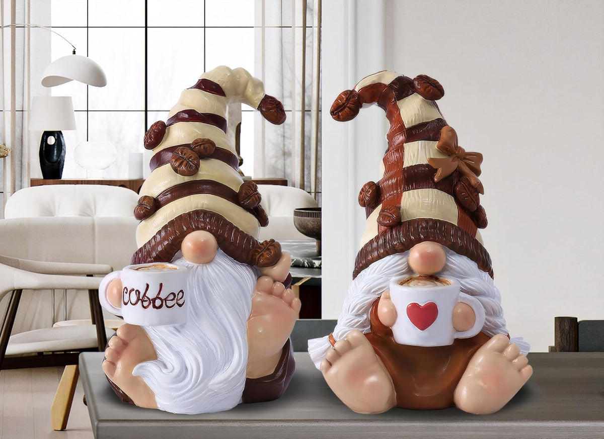 2PCS Coffee Gnomes Figurines Home Christmas Decoration Fall Gnomes Coffee Bar Accessories Decor Elfs Statue Cute Resin Housewarming Gifts for Women Tiered Tray Table Ornament,Sit 4.7H