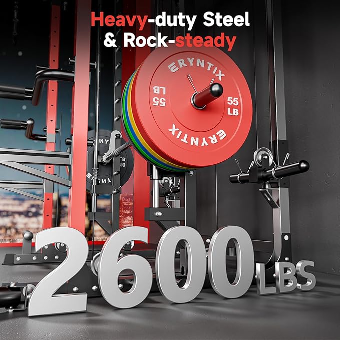 Smith Machine Power Rack | All-in-One Power Cage with Adjustable J-Hooks, Squat Rack for Home Gym, Cable Machine & Pull-Up Bar | Home and Garage Gym Equipment for Strength Training