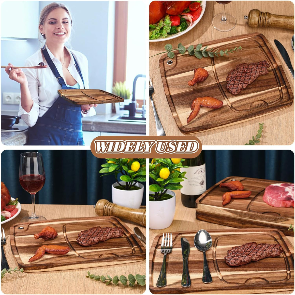 Uiifan 10 Pcs Steak Plates with Juice Channel Wooden Steak Board Set Acacia Cutting Serving Board for Home Serving Eating Meat Dishes Snack Dessert, 13 x 11 x 0.6 Inch