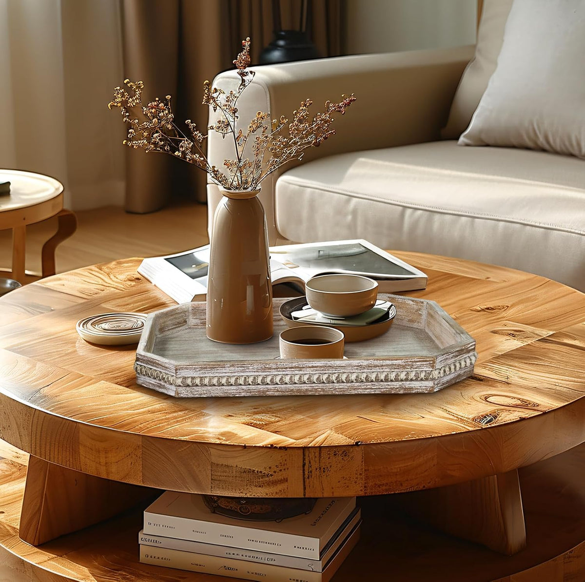 MAONAME Wood Serving Tray, Farmhouse Wooden Tray for Coffee Table, Octagonal Beaded Trays, Washed White Decorative Trays for Living Room, Kitchen, 15.7" X 10.2" X 1.6"