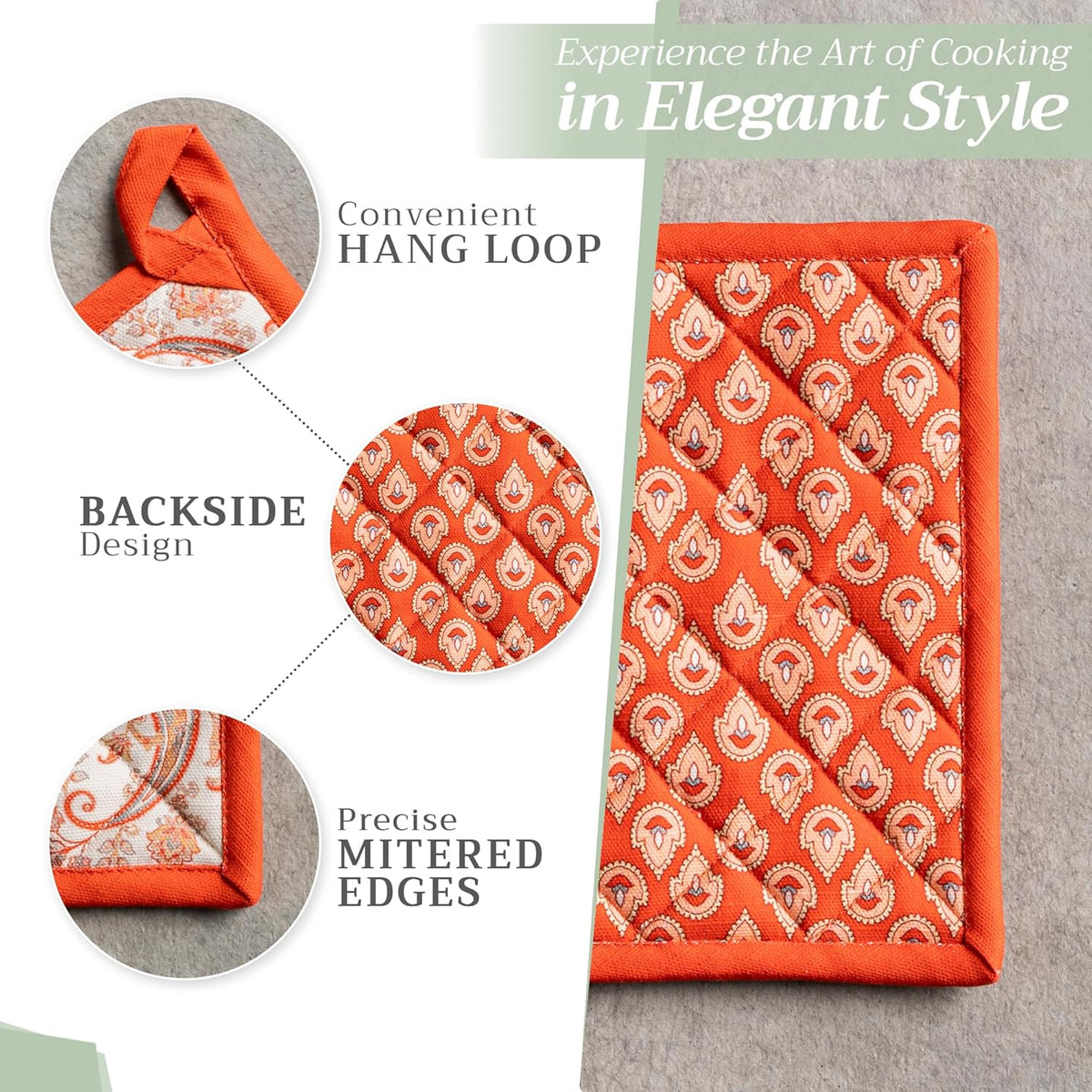 Maison d' Hermine 100% Cotton Oven Mitt & Pot Holder Set (7.5"x13" & 8"x8") Heat Resistant BBQ Cooking Gloves with Loop, Baking, Grilling, Kitchen, Handling Hot Pans (Cachemire)