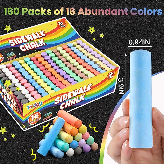 160 PCS Washable Sidewalk Chalks Set for Kids, 16 Colors Non-Toxic Jumbo Sidewalk Chalk Bulk for Outdoor Art Play, Painting on Chalkboard, Blackboard and Playground, Kids Outdoor Toys