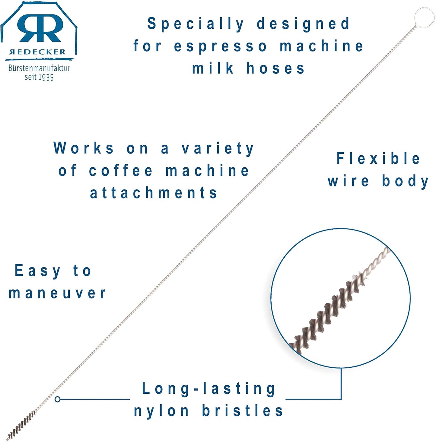 REDECKER Milk Foamer Hose Brush - Ideal for Espresso & Coffee Machine Attachments, Baby Bottle Cleaning, Detailing & More - Durable Nylon Bristles, Flexible Wire Handle, 12-1/2 Inches