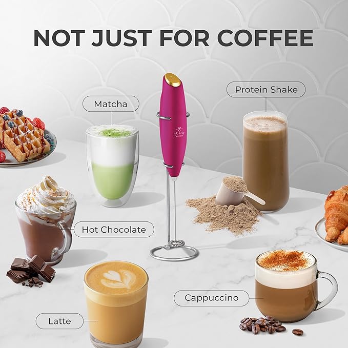 Zulay Kitchen Powerful Milk Frother Wand - Ultra Fast Handheld Drink Mixer - Electric Whisk Foam Maker for Coffee, Lattes, Cappuccino, Frappe, Matcha & Coffee Creamer - Milk Boss Pink & Gold