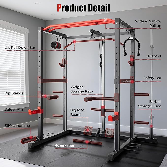Sportsroyals Power Cage,1600lbs Multi-Function Power Rack with Adjustable Cable Crossover System and More Training Attachment, Weight Cage for Home Gym